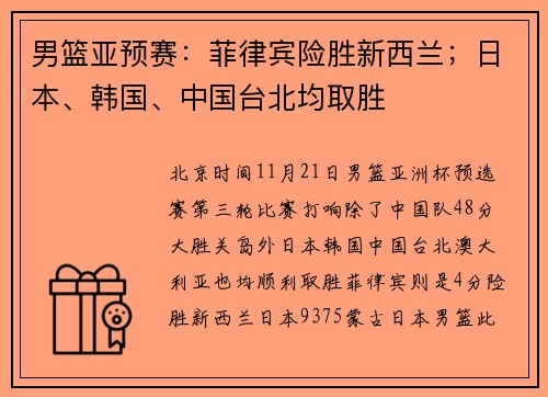 男篮亚预赛：菲律宾险胜新西兰；日本、韩国、中国台北均取胜