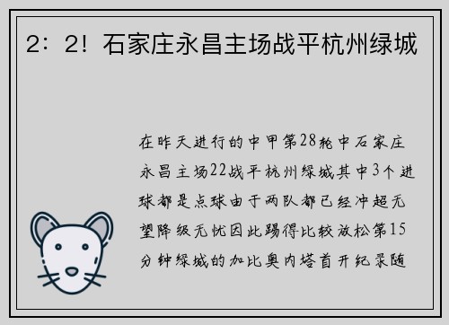 2：2！石家庄永昌主场战平杭州绿城