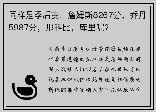 同样是季后赛，詹姆斯8267分，乔丹5987分，那科比，库里呢？
