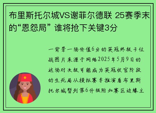 布里斯托尔城VS谢菲尔德联 25赛季末的“恩怨局” 谁将抢下关键3分