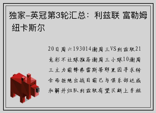 独家-英冠第3轮汇总：利兹联 富勒姆 纽卡斯尔
